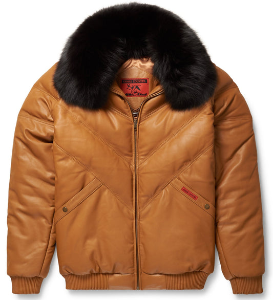 Camel Leather V-Bomber Jacket Thick Winter Jacket - bombersflight