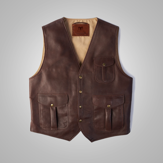 Brown leather vest with gold buttons on a light gray background