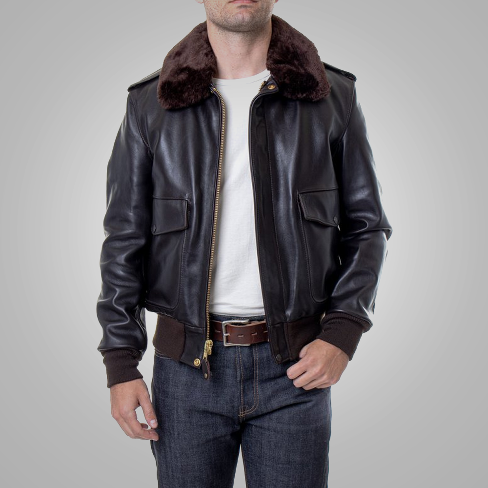 Man wearing a dark leather jacket with fur collar on a gray background