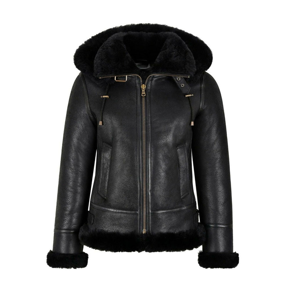 WOMENS B3 BOMBER HOODED CLASSIC BLACK SHEARLING LEATHER JACKET