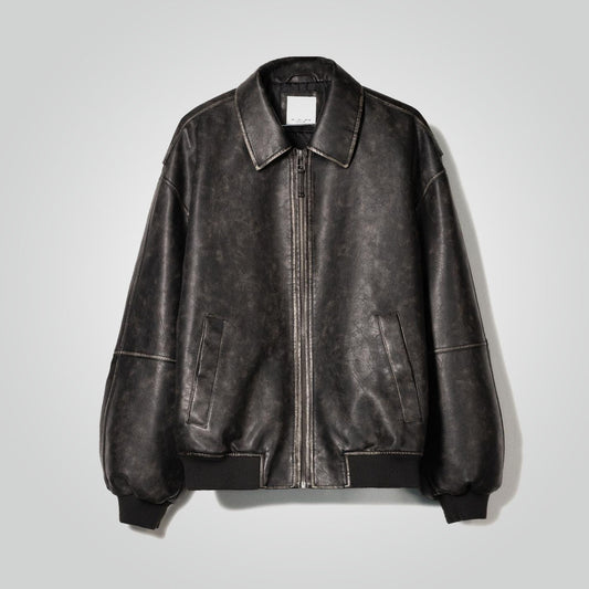 A2 Black Distressed Leather Bomber Jacket