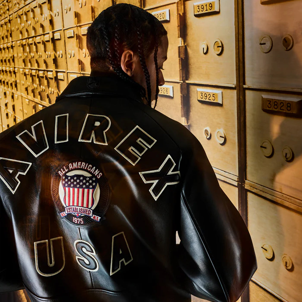 Avirex Jacket On Sale – Classic Avirex Varsity Black Jacket with Patch Detail - bombersflight