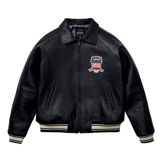Avirex Jacket On Sale – Classic Avirex Varsity Black Jacket with Patch Detail - bombersflight
