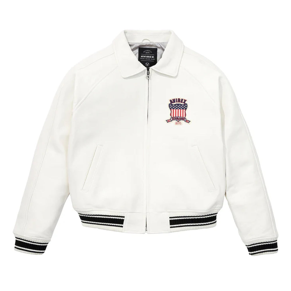White Avirex Varsity Bomber Jacket – Embroidered Crest, Classic Street Style Jacket - bombersflight