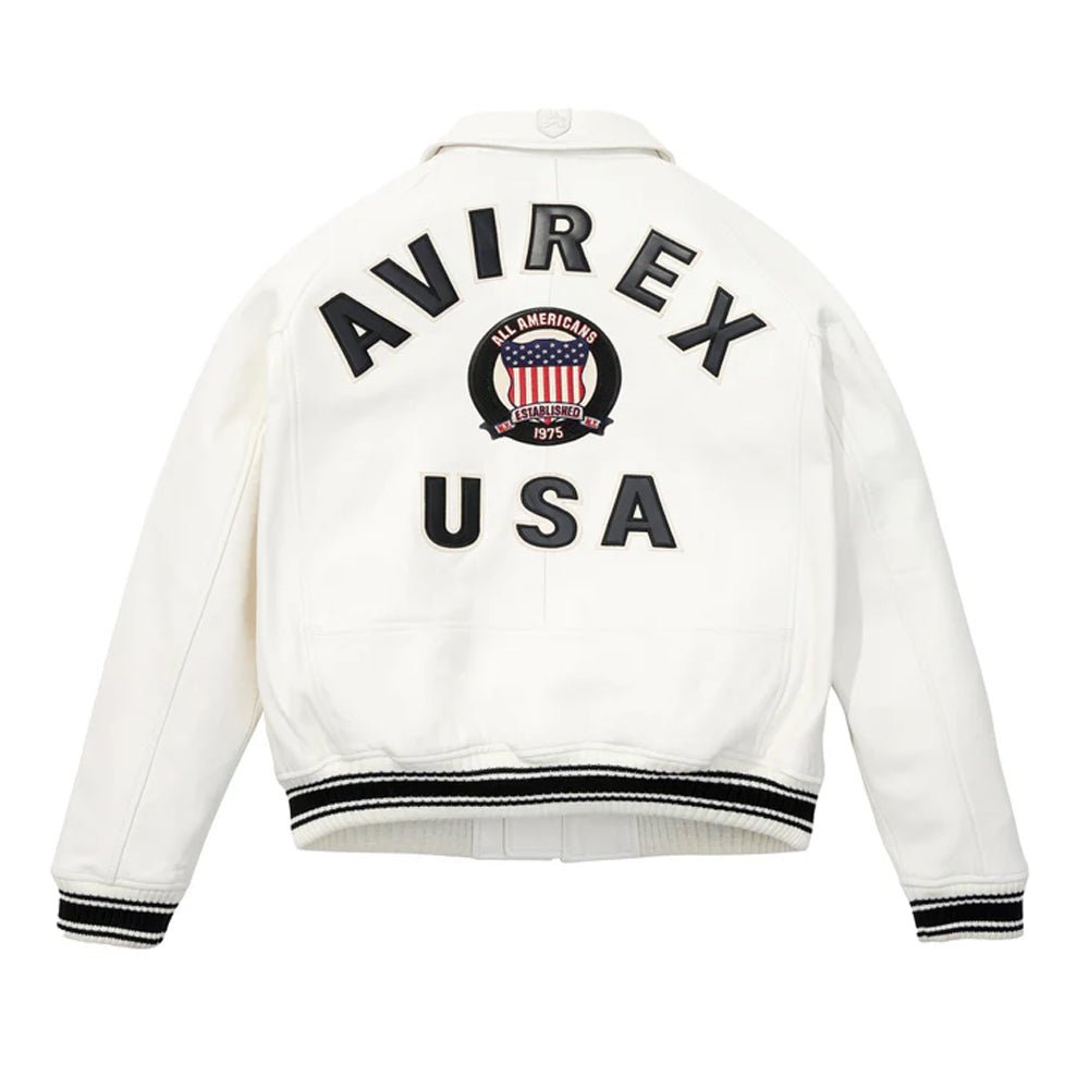White Avirex Varsity Bomber Jacket – Embroidered Crest, Classic Street Style Jacket - bombersflight