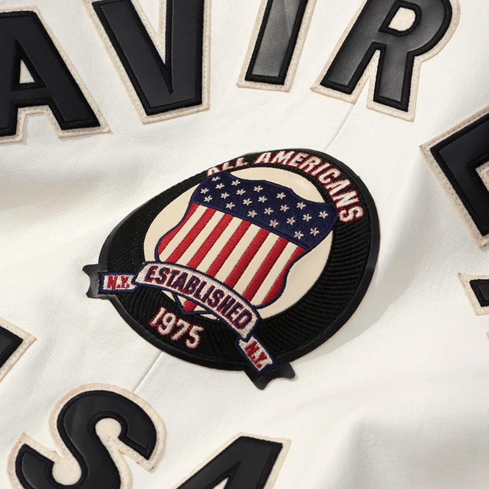 White Avirex Varsity Bomber Jacket – Embroidered Crest, Classic Street Style Jacket - bombersflight