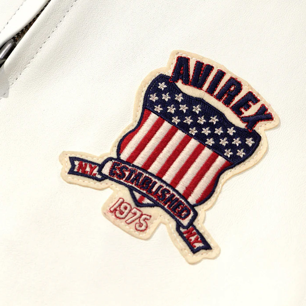 White Avirex Varsity Bomber Jacket – Embroidered Crest, Classic Street Style Jacket - bombersflight