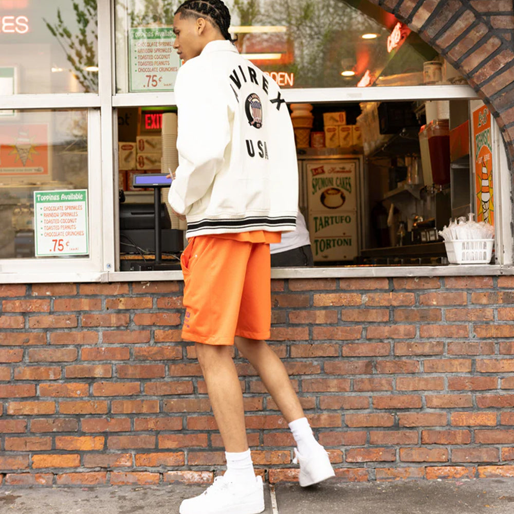 White Avirex Varsity Bomber Jacket – Embroidered Crest, Classic Street Style Jacket - bombersflight