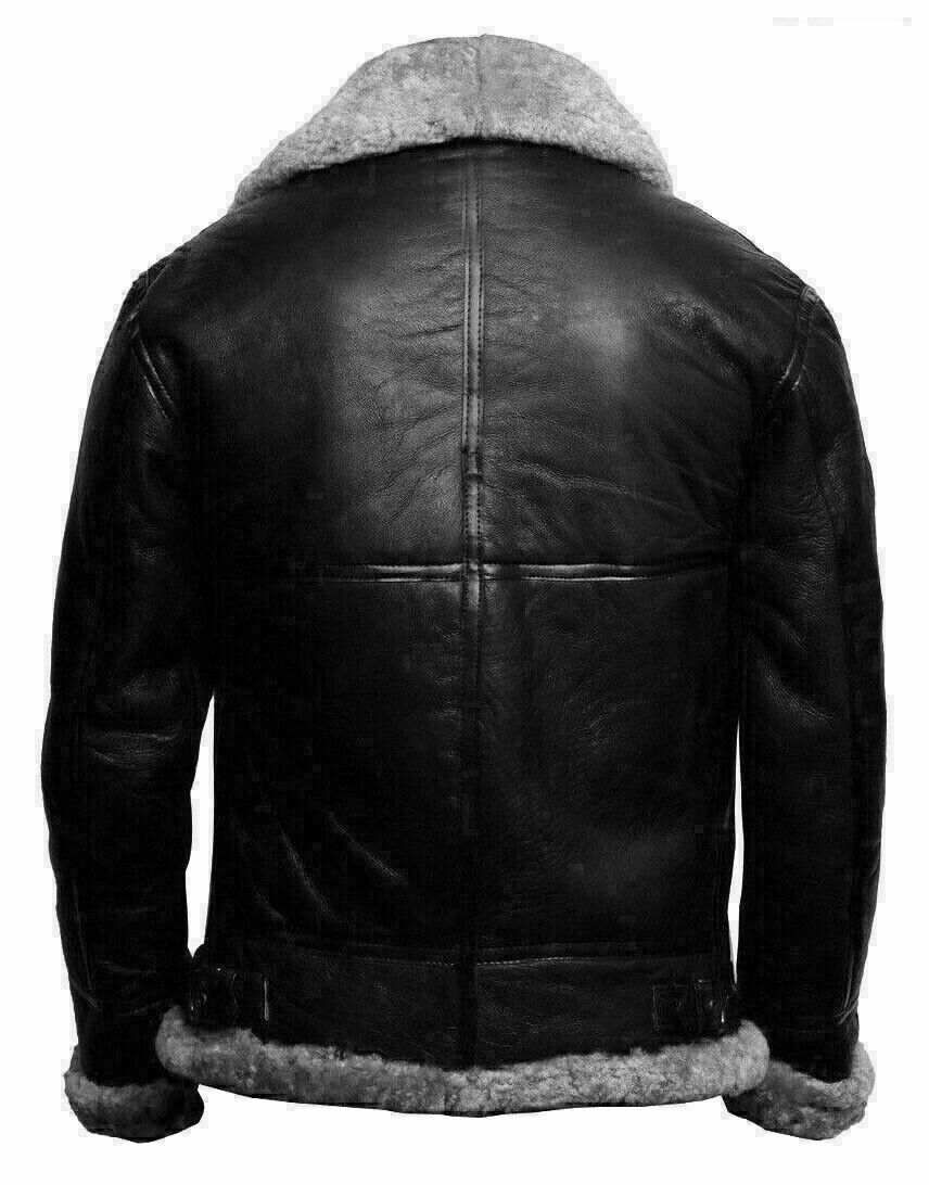 Black leather jacket with gray fur lining on a white background
