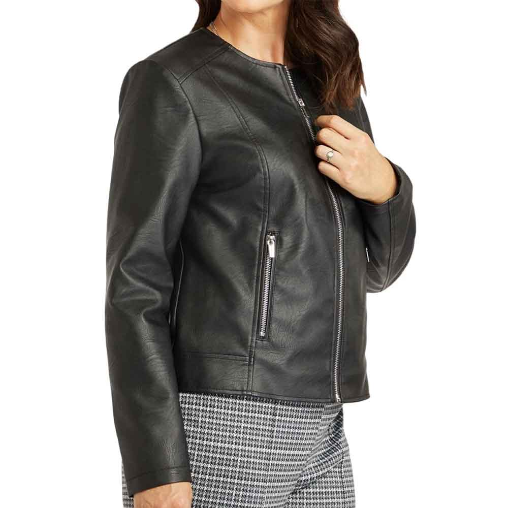 Black leather jacket worn by a person on a white background