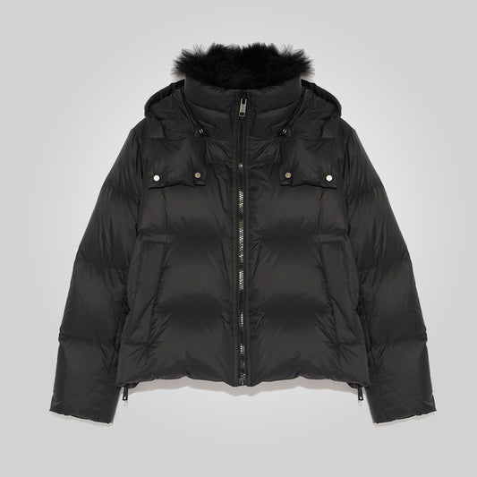 Black Down Puffer Jacket For Women With Fur Lining