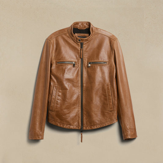 Brown Cafe Racer Leather Moto Jacket
