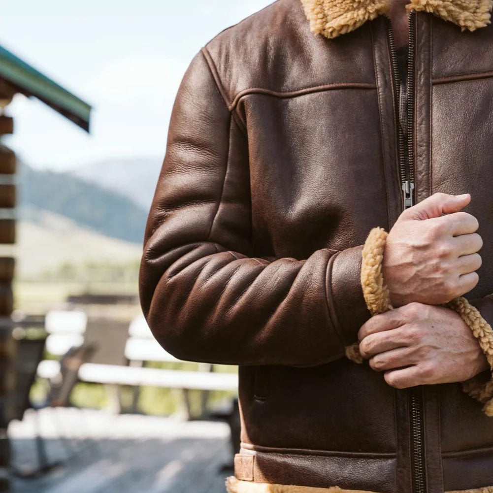 Men's Brown B3 WW2 Bomber Sheepskin Shearling Leather Jacket