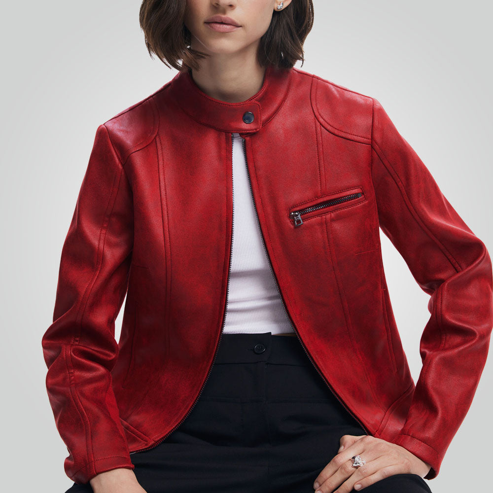 Racer Motorbike Style Red Leather Jacket