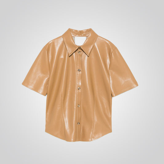 Beige vinyl shirt on a light gray background