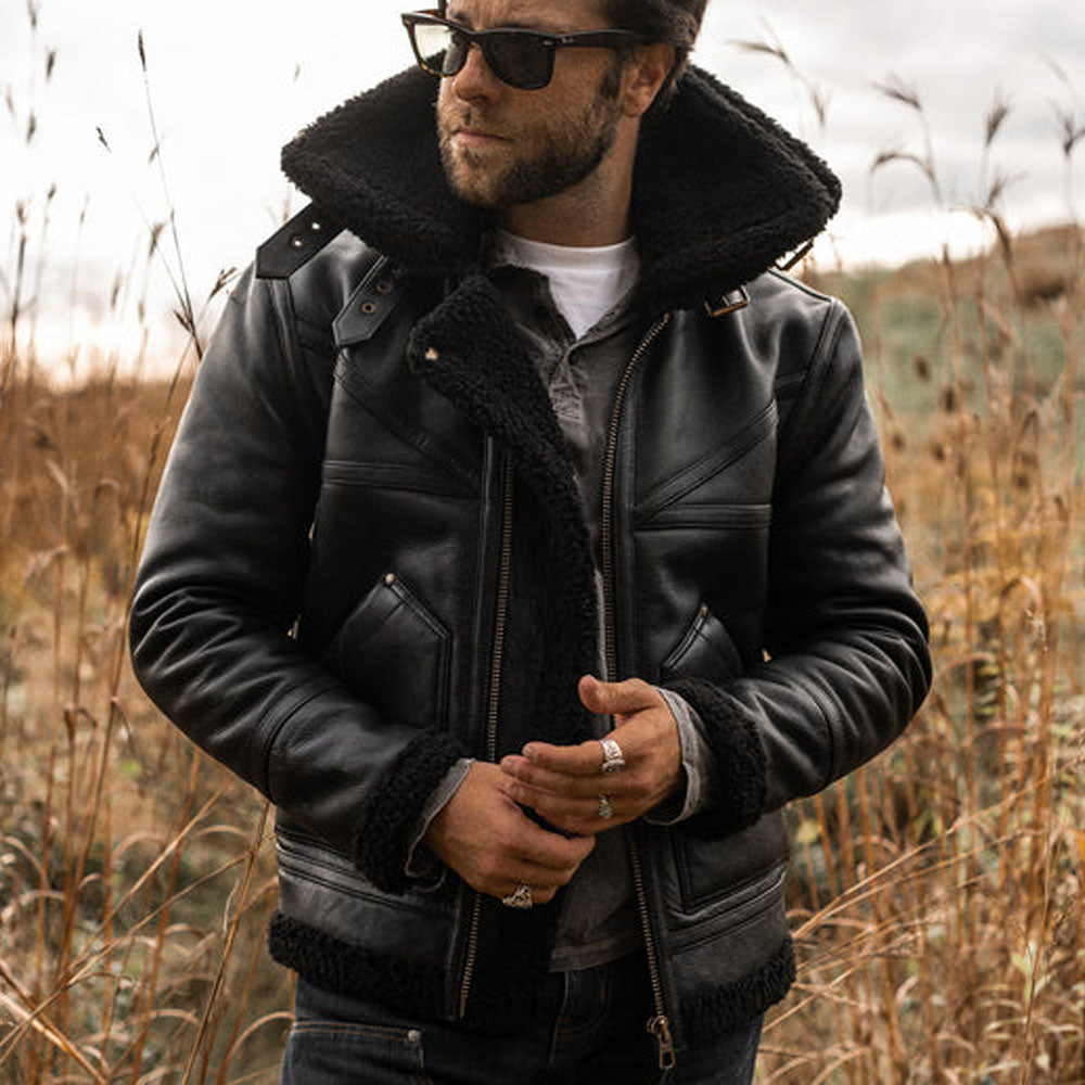 Men's Black Double Collar B3 Sheepskin Shearling Jacket