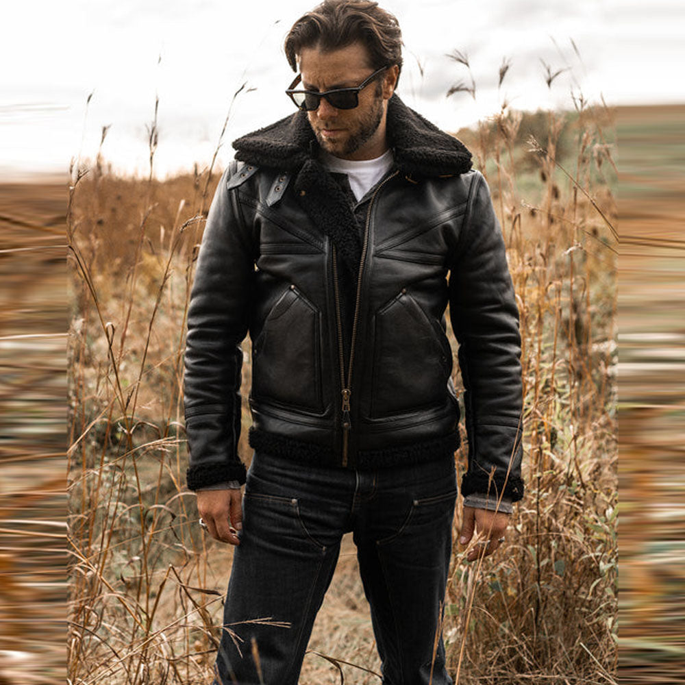 Men's Black Double Collar B3 Sheepskin Shearling Jacket