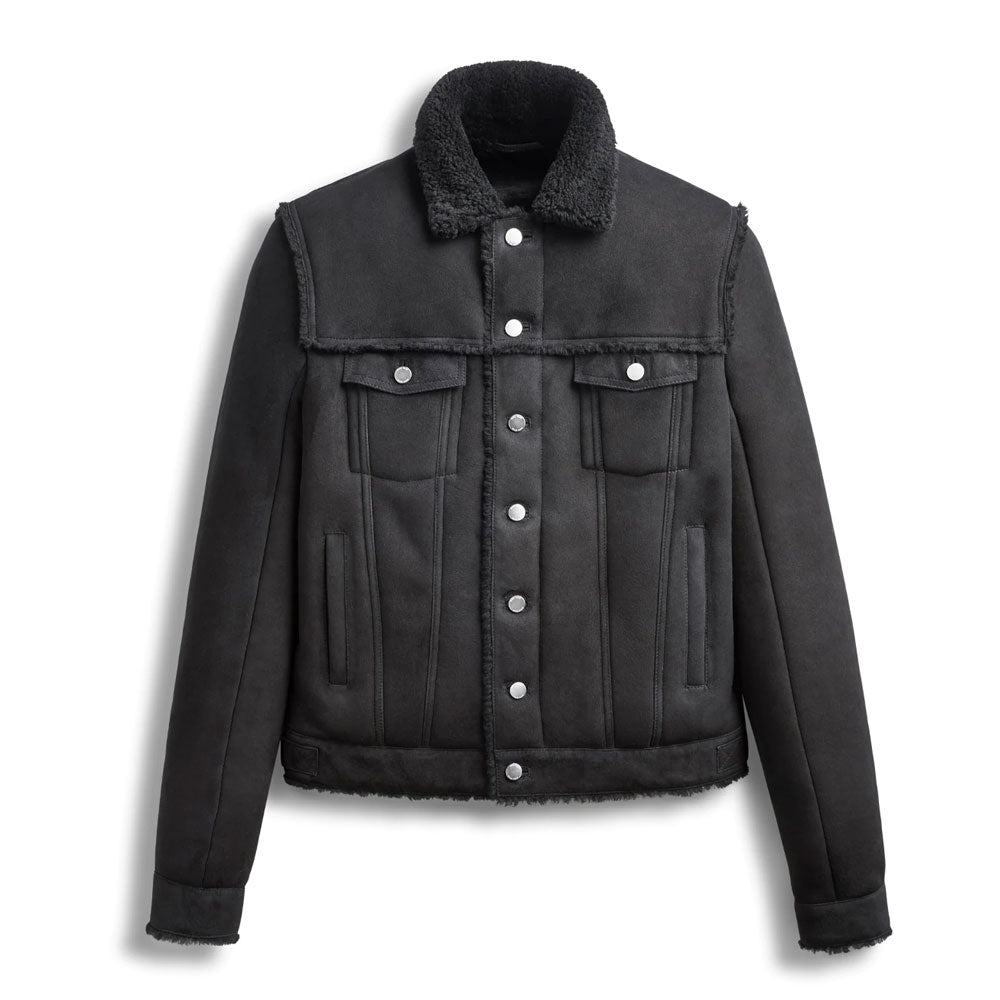 Black jacket with button details on a white background