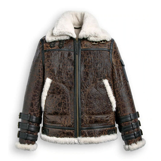 Brown leather jacket with white fur lining on a white background