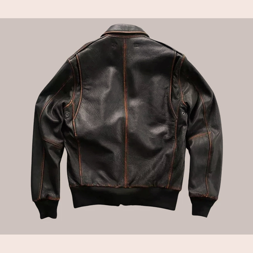 Back view of a dark brown leather jacket on a light gray background