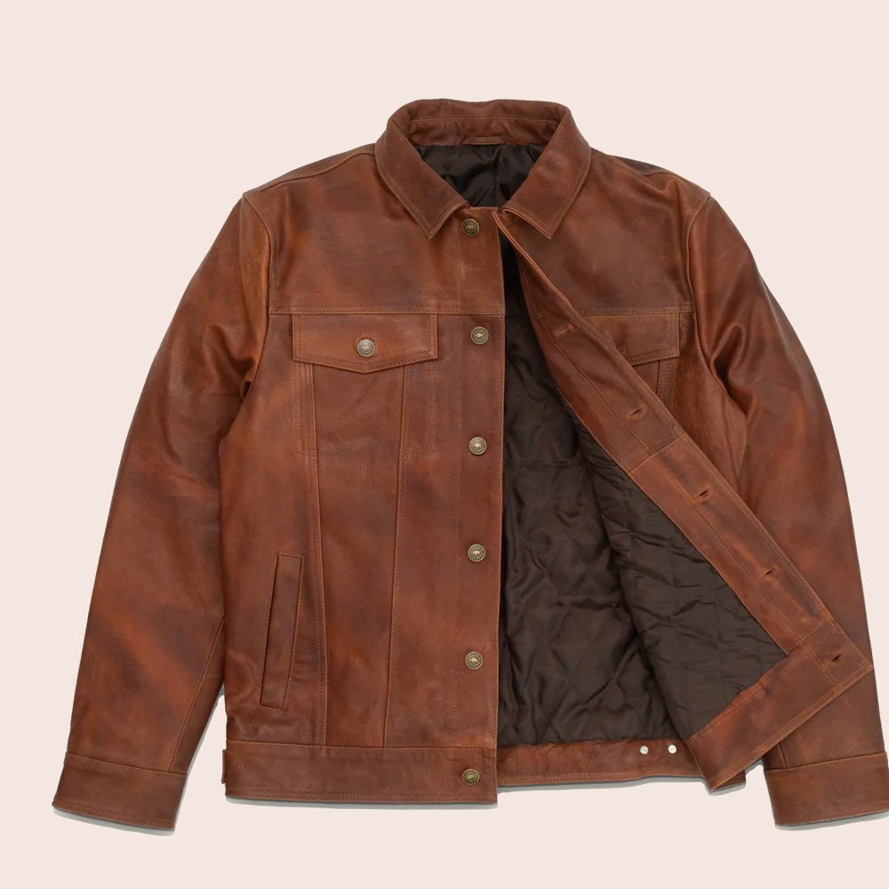 Men's Genuine Goatskin Plain Brown Trucker Leather Jacket