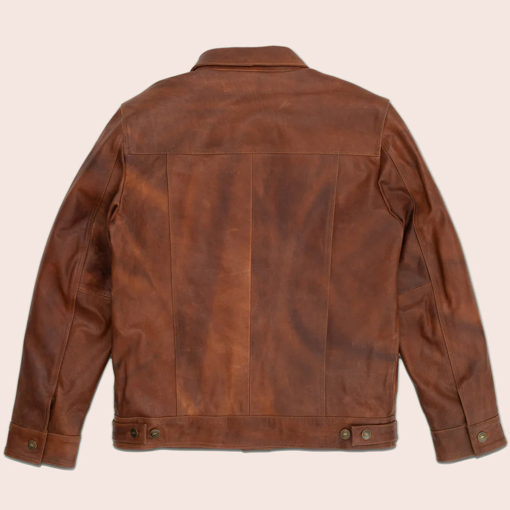 Men's Genuine Goatskin Plain Brown Trucker Leather Jacket
