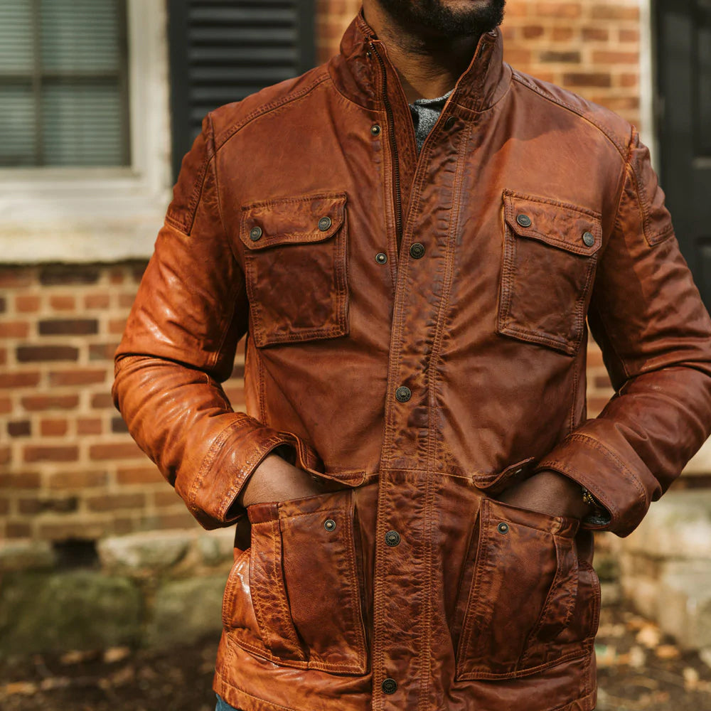 Men Genuine Sheepskin Brown Leather Field Jacket
