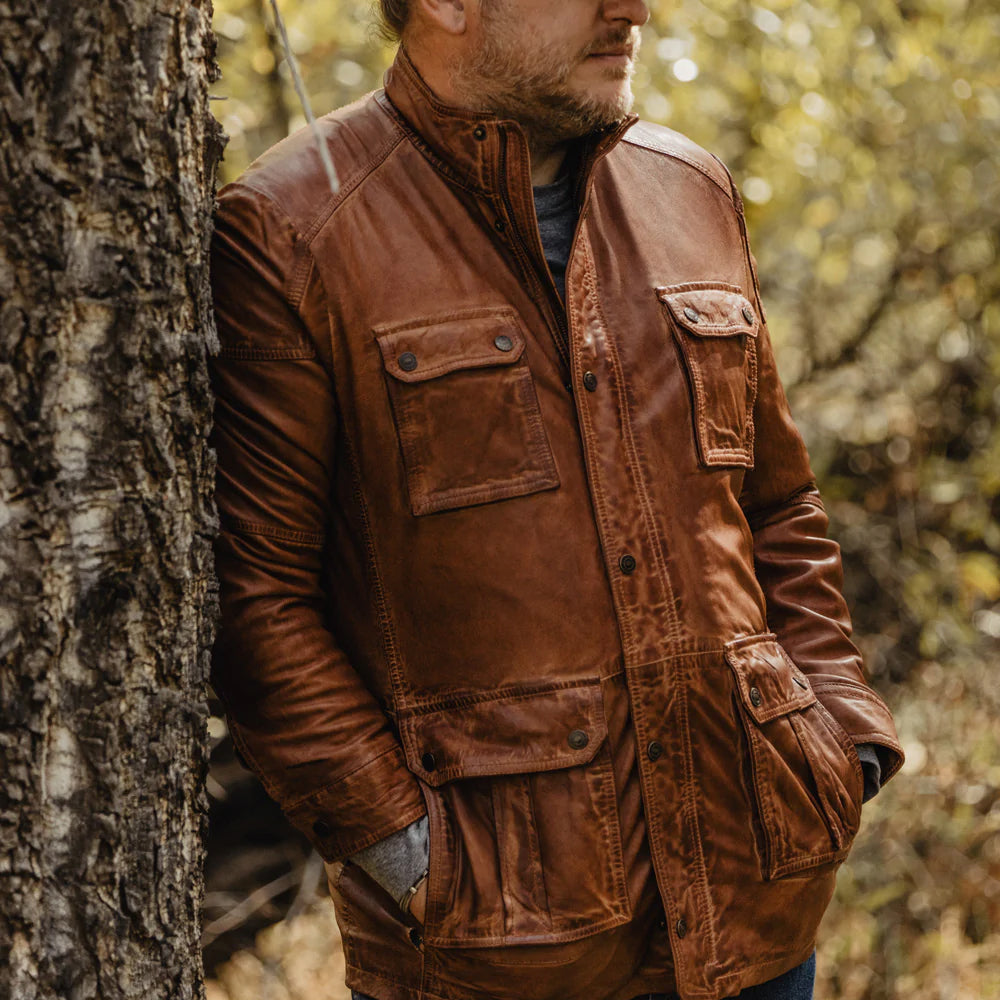 Men Genuine Sheepskin Brown Leather Field Jacket