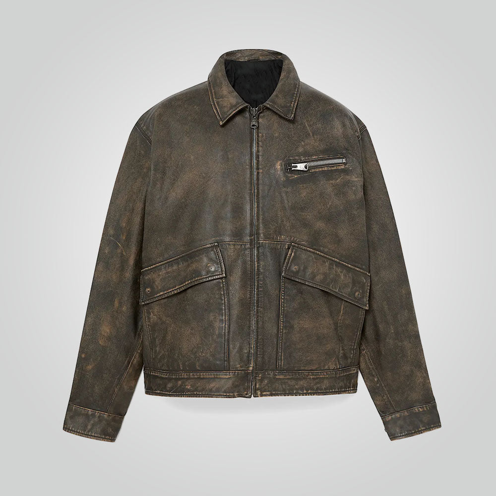 Unisex Distressed Brown Leather Jacket
