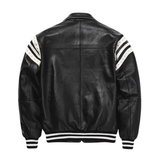 Men’s Pelle Pelle Wild Style Leather Jacket Back View – Black Varsity Bomber with Large Embroidered Graphic Detailing