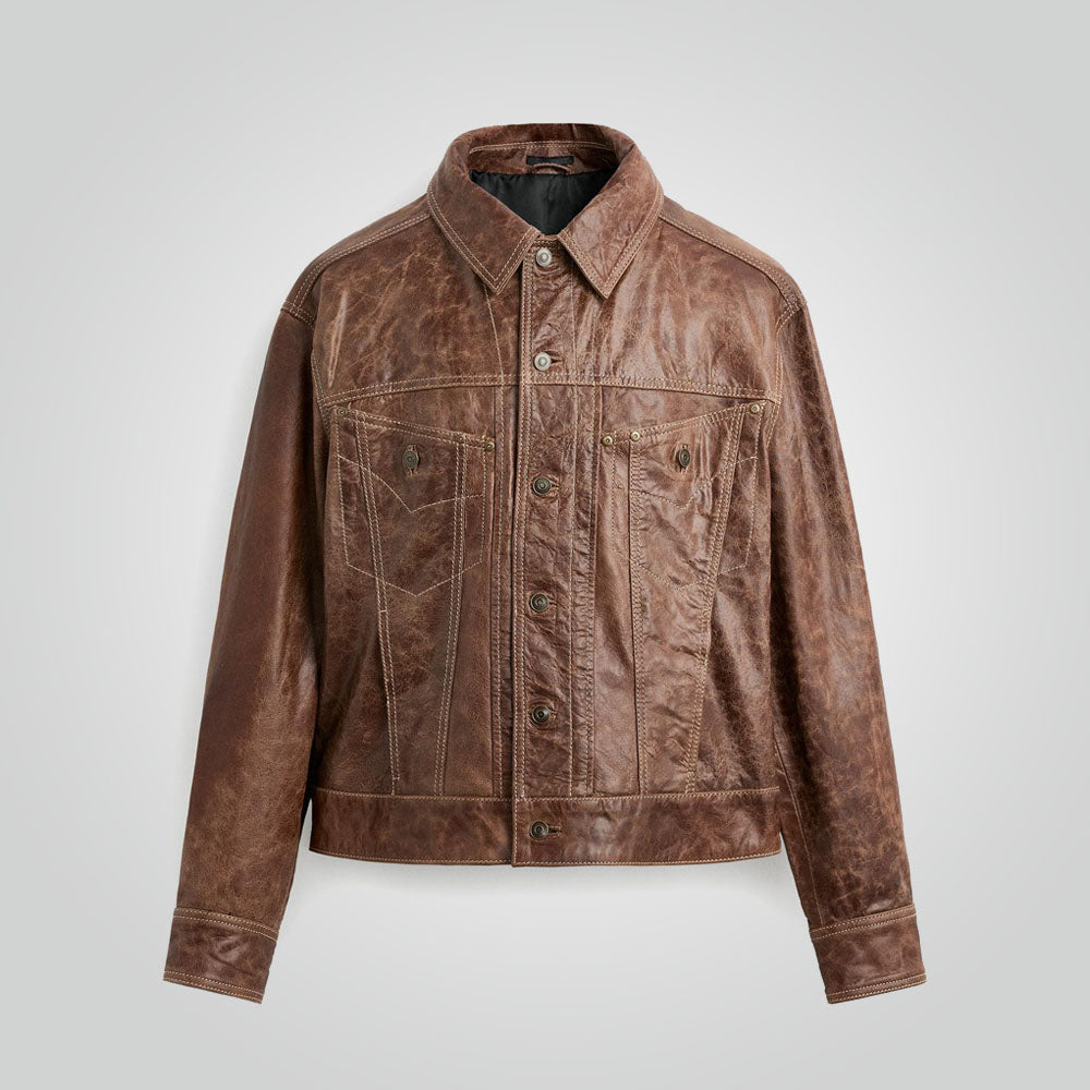 Vintage Brown Leather Trucker Jacket