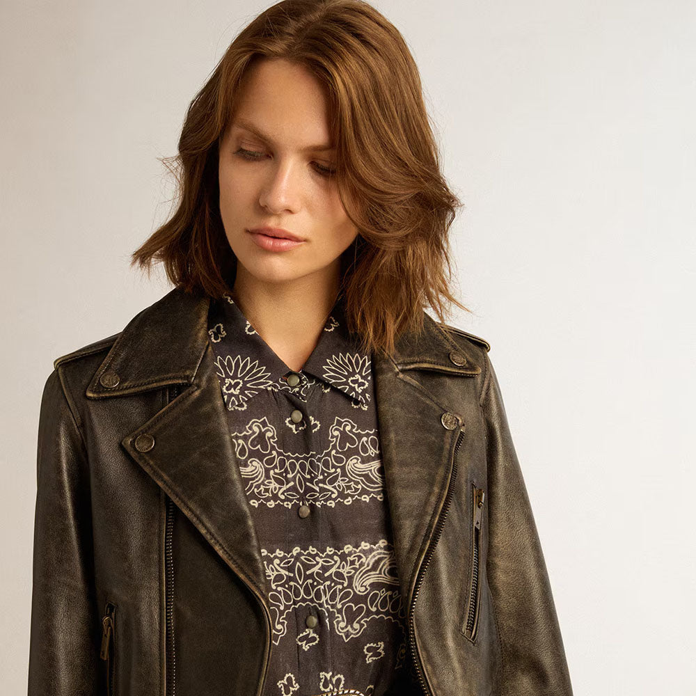Distressed Black Motorbike Leather Biker Jacket