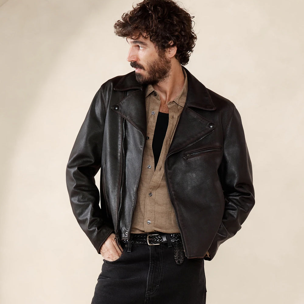 Vintage Waxed Black Leather Moto Jacket