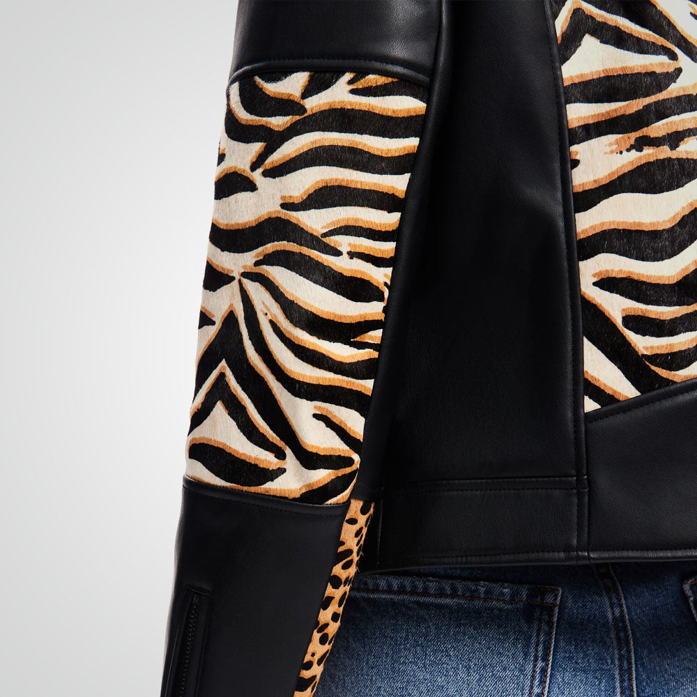 Women's Animal Print Sheepskin Leather Biker Jacket