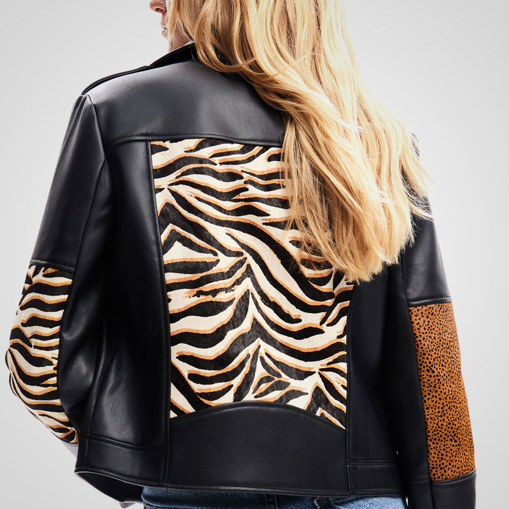 Women's Animal Print Black Leather Biker Jacket