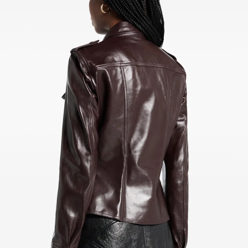 Brown leather jacket worn by a person on a white background