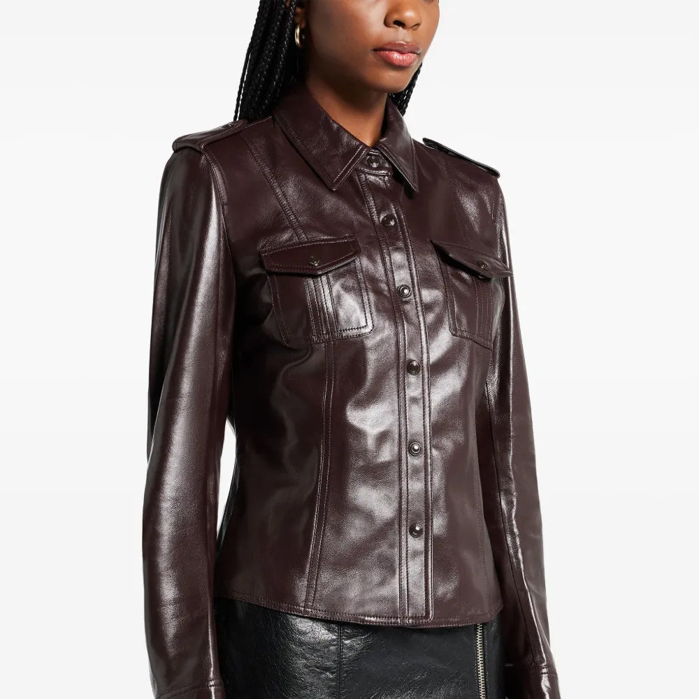 Brown leather jacket worn by a model on a white background
