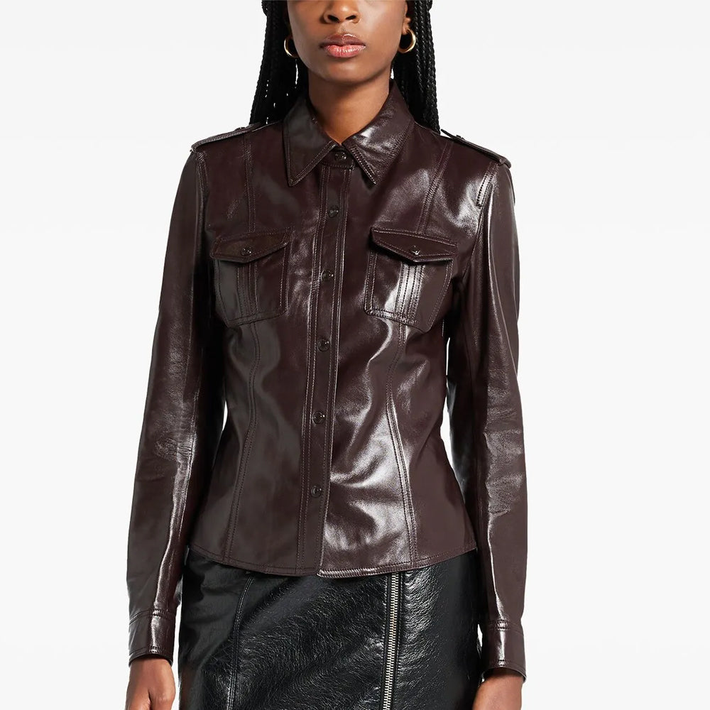 Brown leather jacket worn by a model on a white background
