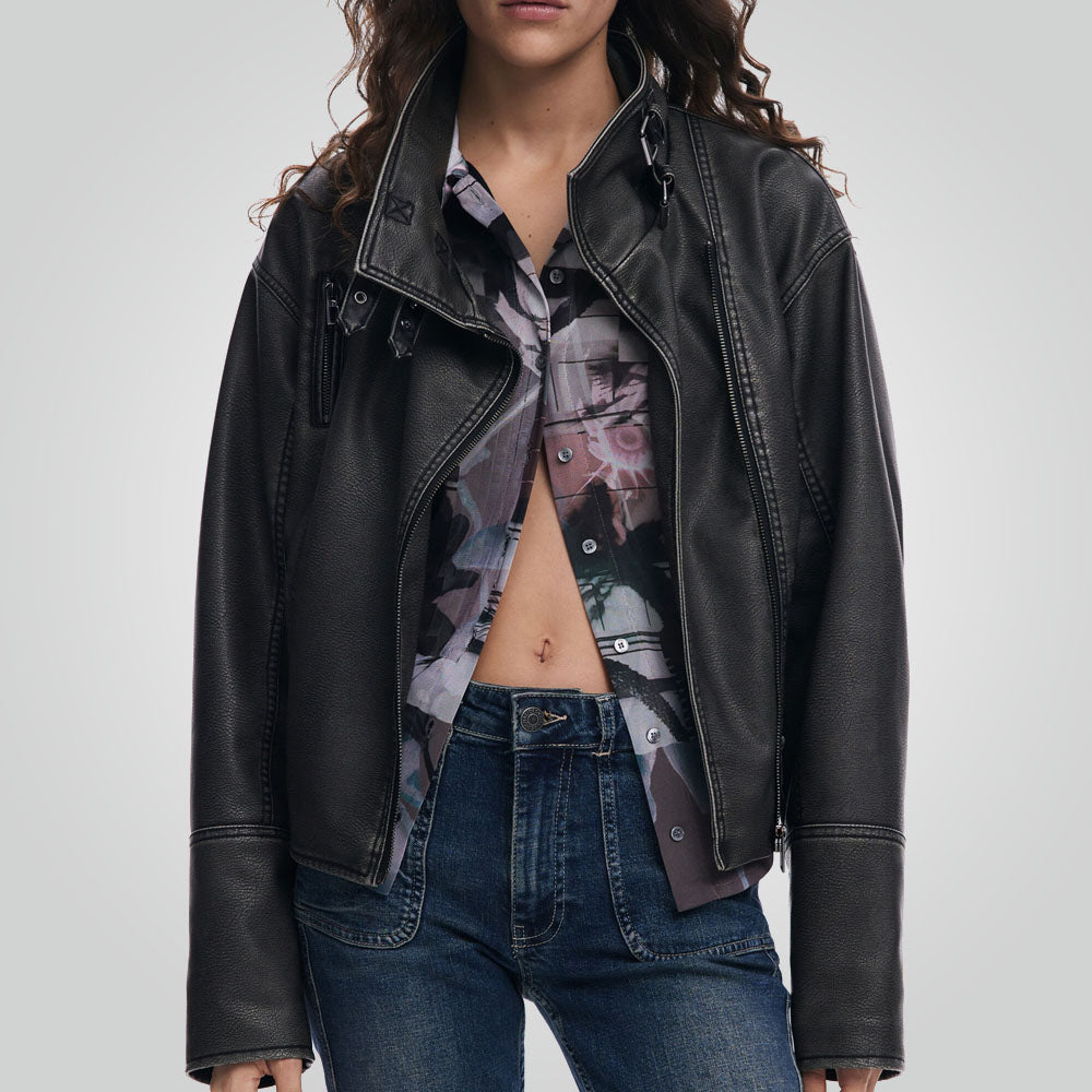 Women's Distressed Black Leather Biker Jacket – Vintage Rebel Style