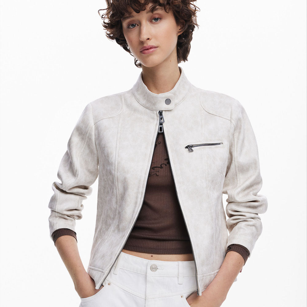 Women Motorcycle Biker White Leather Jacket