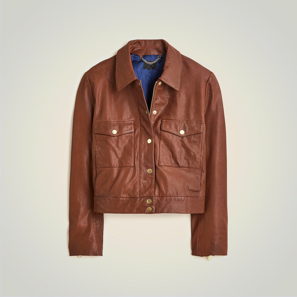 Women's Brown Cropped Leather Trucker Styled Shirt