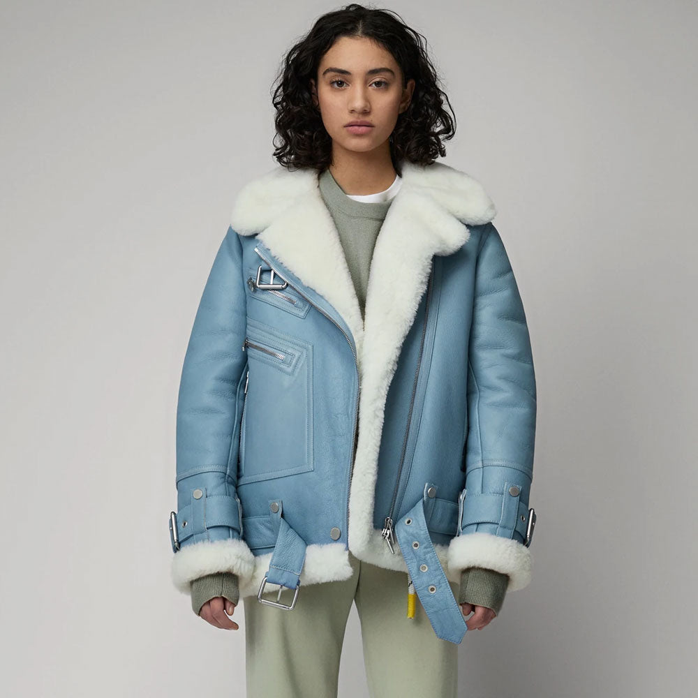 Women Light Blue Aviator Styled Sheepskin Shearling Leather Jacket