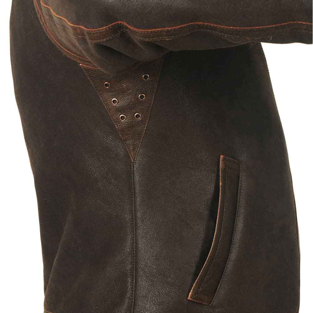 Close-up of a brown leather outfit with stitching details on a white background