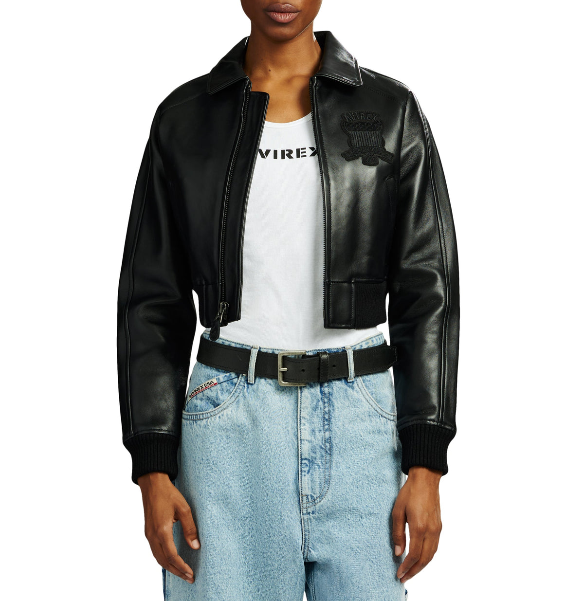 Woman wearing black cropped Avirex Iconic leather jacket