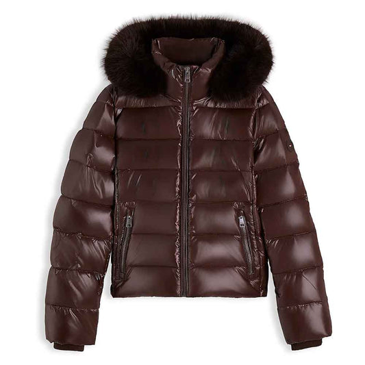 A dark brown puffer jacket with a large dark brown faux-fur trimmed hood, shown against a plain white background.