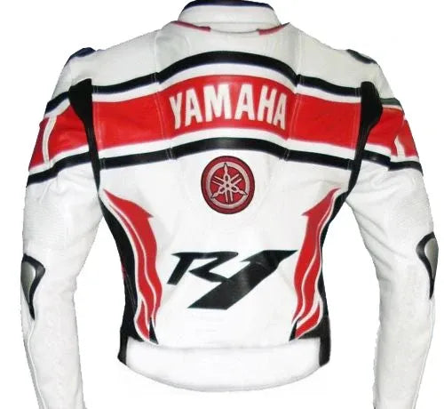 New Yamaha Racing R1 White Cowhide Motorcycle Leather Jacket - bombersflight