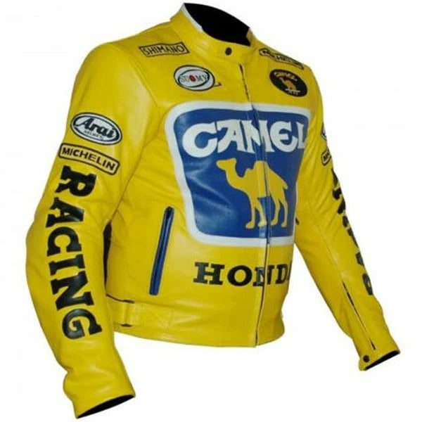 Men's Honda Motorcycle Jacket Camel Racing Motorcycle Yellow Leather Jacket - bombersflight