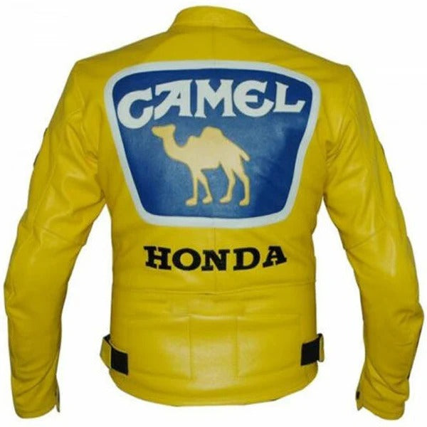 Men's Honda Motorcycle Jacket Camel Racing Motorcycle Yellow Leather Jacket - bombersflight