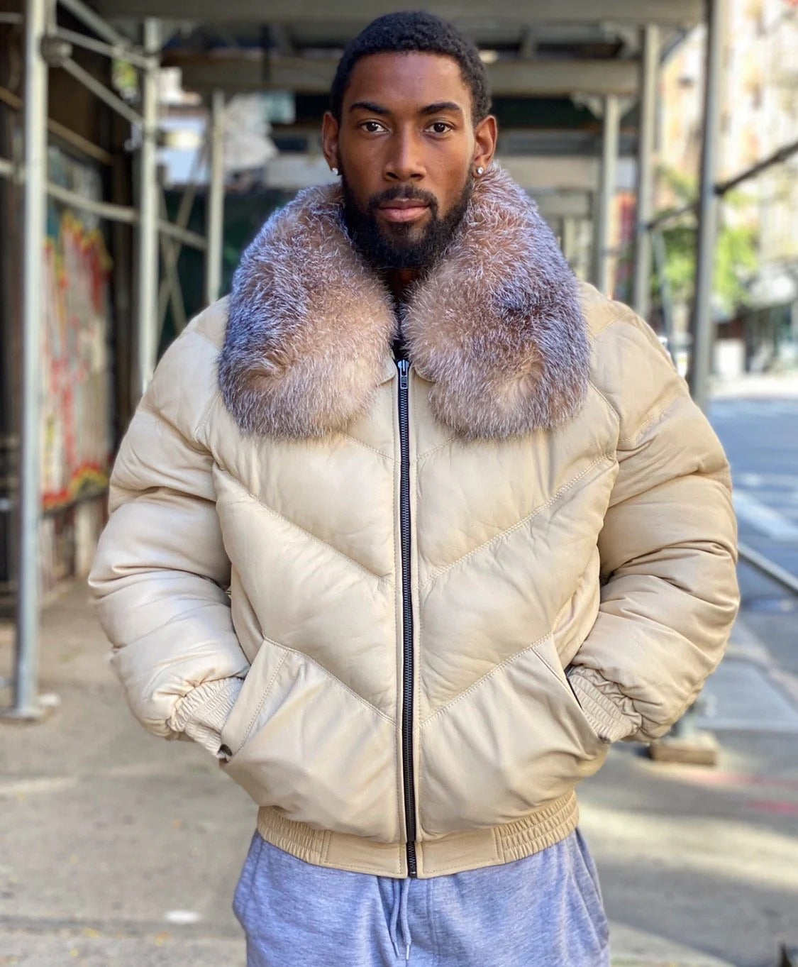 MEN V BOMBER JACKET - OFF WhITE CREAM COLOR WITH CRYSTAL FOX - bombersflight