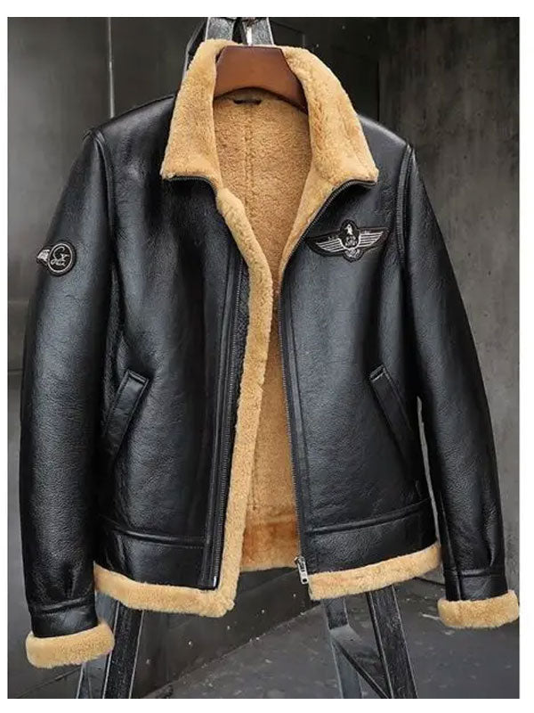 Men's Black Shearling Flight Jacket Coat - bombersflight